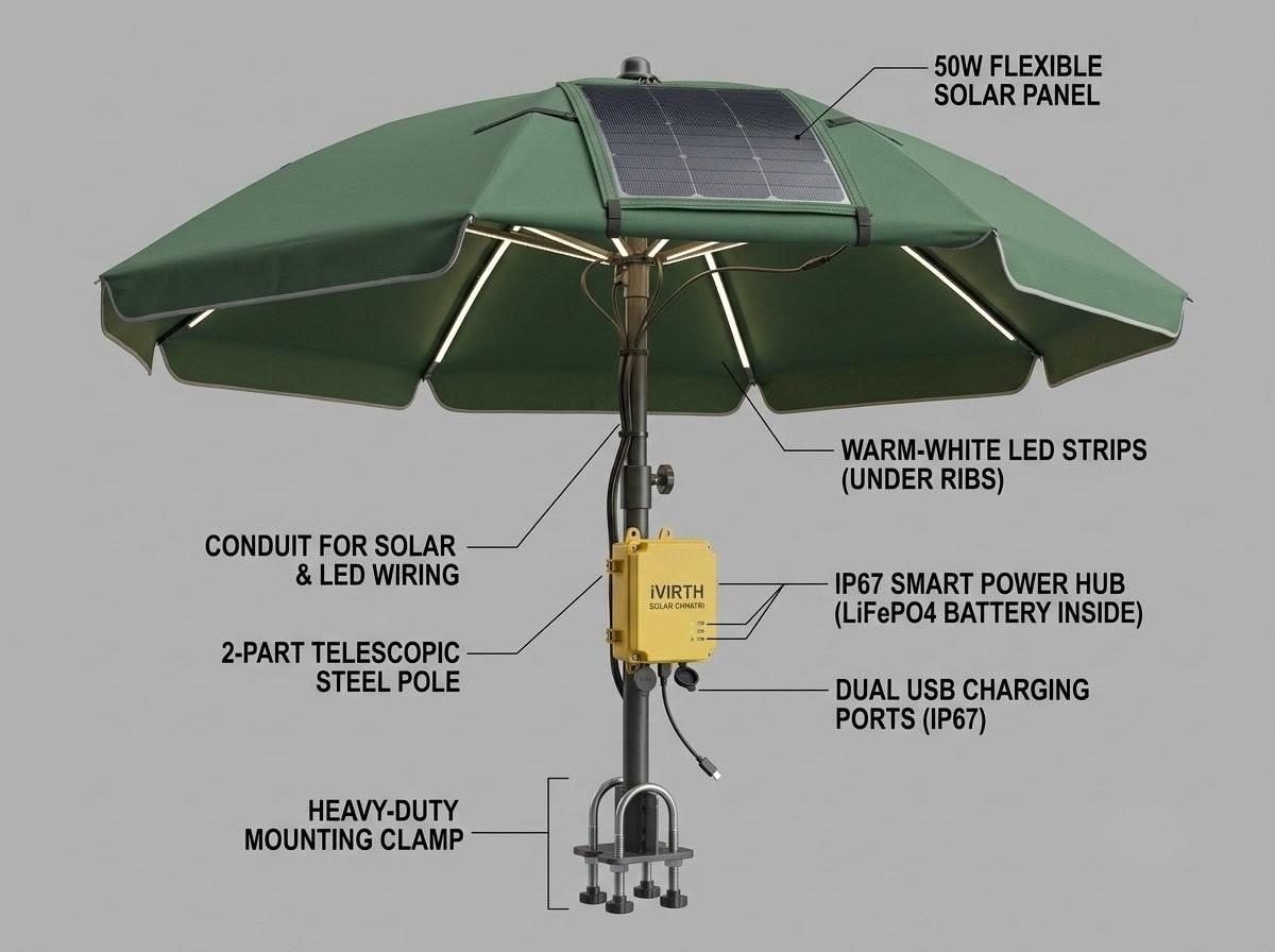 Street Umbrella: a green solar umbrella with a flexible solar panel on the canopy, LED strips under the ribs and a yellow IP67 power hub on the pole